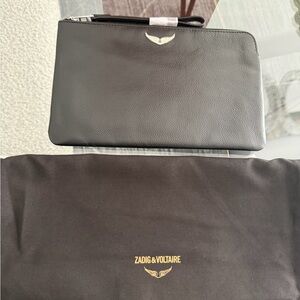 Zadig & Voltaire Black Uma Wings Grained Leather Clutch New